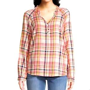 NWT XL St. John's Bay Womens Henley Neck Long Sleeve Blouse in Coral Plaid